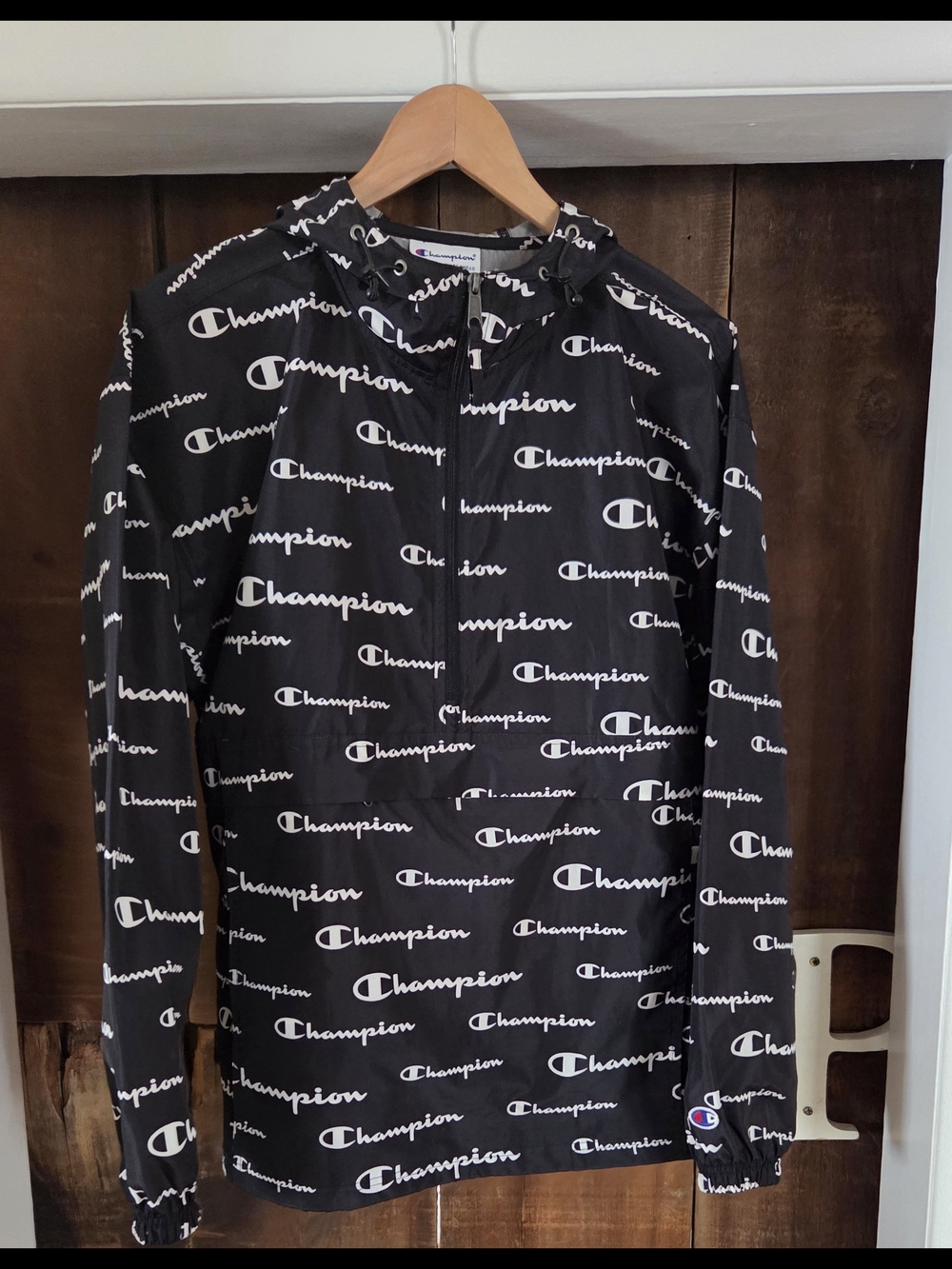 Champion Black Hooded Pullover with White All-Over Logo